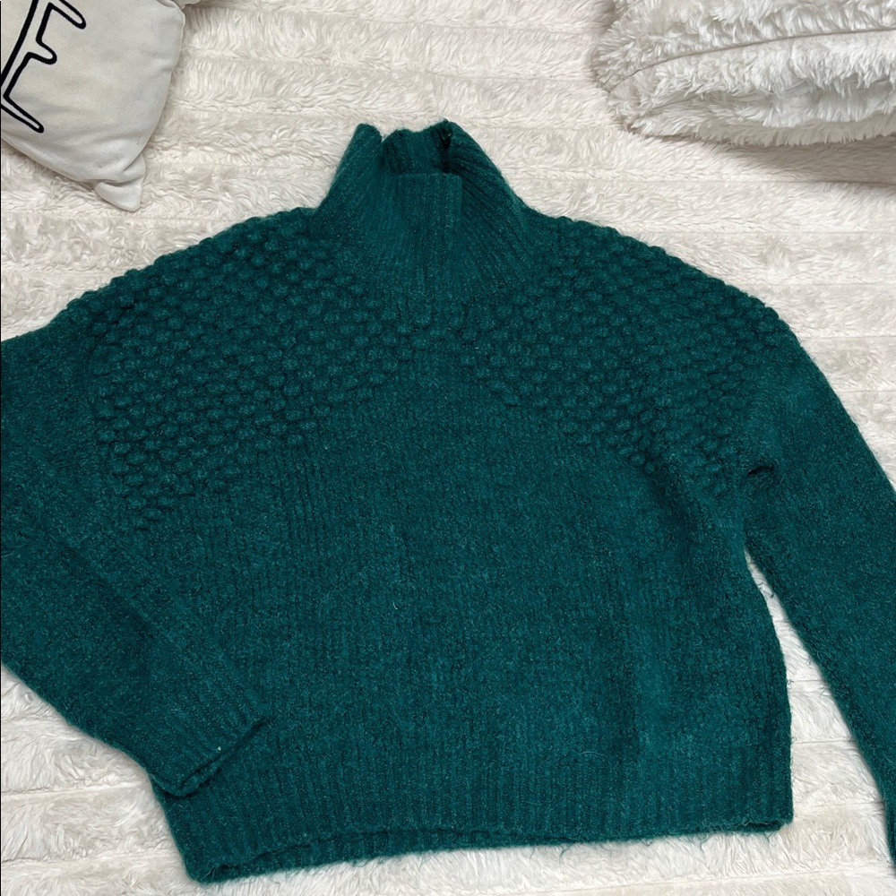 Free People Deep Teal Textured Funnel Neck Sweater
